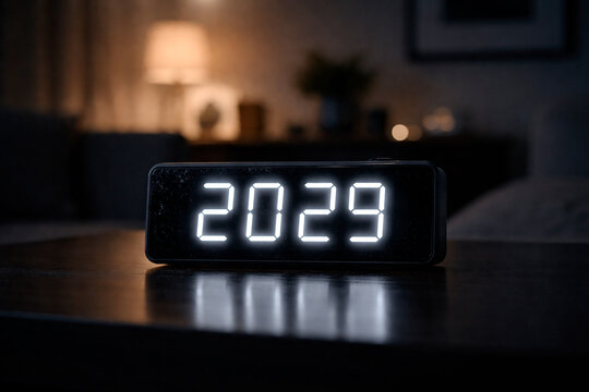 Digital Clock Display Showing 2029 New Year Countdown on Modern Living Room Table