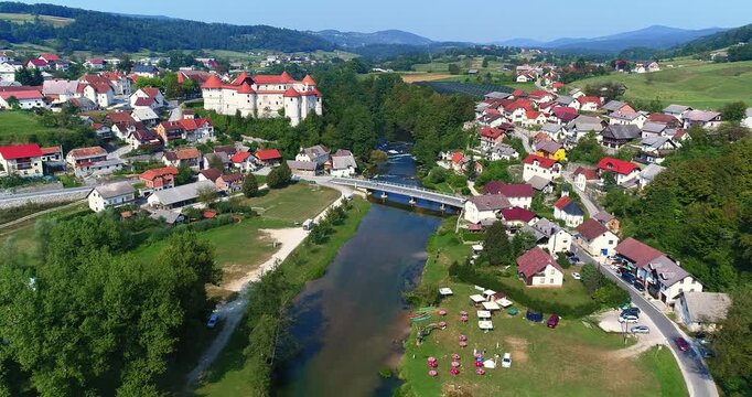 Aerial view of Žužemberk town and Krka River valley