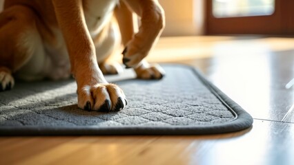 Close up of a dog's paw stepping on a floor mat