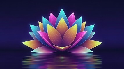 Glowing neon lotus flower on dark water