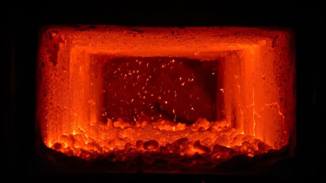 Intense glowing refractory furnace chamber with red hot coals and rising sparks, concept for metallurgy, heat generation and heavy industry background