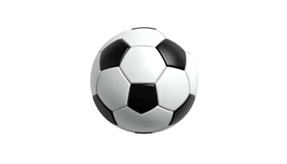 A classic black and white soccer ball, floating against a solid black background
