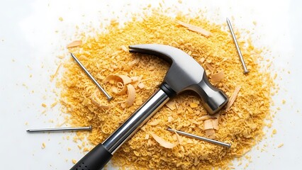 Hammer and Nails Scattered on Wood Shavings on a White Background carpentry tools