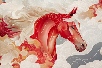 Close up of a red horse on a light pastel background. Modern illustration mimicking the look of digital silk painting. Lunar New Year symbolism.