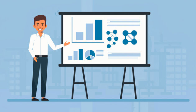 Vector illustration of a male business teacher presenting financial charts and management strategies on a whiteboard. - Powered by Adobe