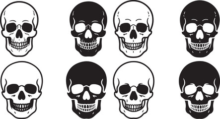 set of white and black skulls in different perspectives and designs for graphic resources