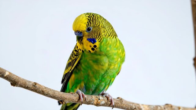 Green and Yellow Budgie Portrait - This is a close-up shot of a vibrant green and yellow budgie perched on a small, weathered branch.