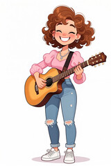 Obraz premium Young woman with curly brown hair and pink top playing acoustic guitar with white background.