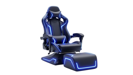 Gaming chair with blue neon lights and footrest recliner transparent background