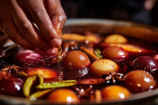 Ponche Navideno in pot with fruits and vegetables, hand pouring liquid. Concept of cozy, rustic atmosphere with hot sweet fruit Mexican traditional elements.
