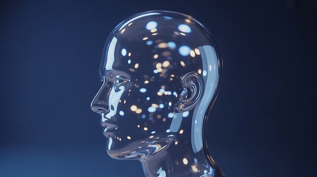 Transparent head silhouette with glowing internal lights for artificial intelligence concept - Powered by Adobe