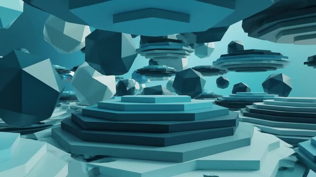 Abstract Geometric Landscape in Blue - A stylized, computer-generated landscape features floating polyhedral objects and tiered platforms in various shades of blue.
