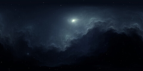 360 degree space nebula. Giant interstellar cloud with stars, equirectangular projection, environment map. Spherical panorama. 3D rendering, Fractal image