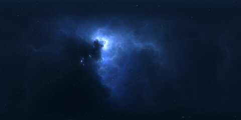 360 degree space nebula. Giant interstellar cloud with stars, equirectangular projection, environment map. Spherical panorama. 3D rendering, Fractal image