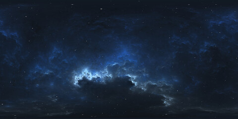 360 degree space nebula. Giant interstellar cloud with stars, equirectangular projection, environment map. Spherical panorama. 3D rendering, Fractal image