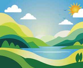 Obraz premium Rolling Hills Landscape Illustration with Sun. sunrise with a warm sun and layered mountains landscape nature.