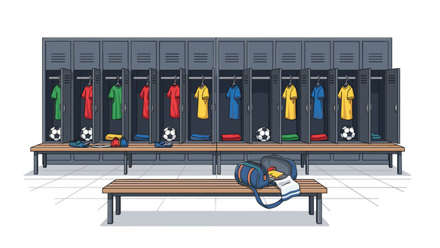 Vibrant soccer locker room interior featuring a long row of open lockers, wooden benches, and footballs ready for game day.