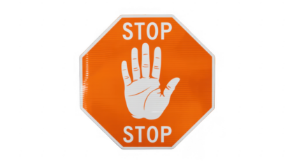 Orange stop sign with hand gesture orange sign traffic sign isolated on a transparent background
