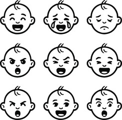 Infant Reactions Outline Icons  Hand-Drawn Baby Faces with Expressive Emotions