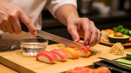 chef cutting items sushi master HIGH Quality JPG stock photo.