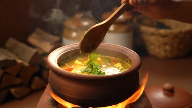 Traditional Indian Curry Cooking on Fire Rustic Kitchen