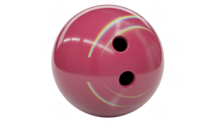 Pink bowling ball with two holes and rainbow sports equipment isolated on a transparent background