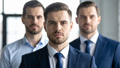 Three men wearing business attire are posed in a close-up shot. They exude confidence, looking directly at the viewer