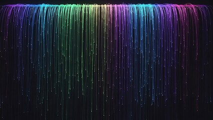 Neon fiber optic waterfall on dark technology background