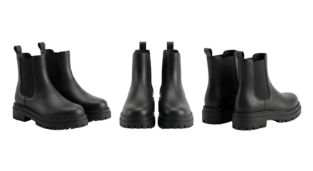 Black Leather Chelsea Boots with Chunky Soles - Multiple Angles