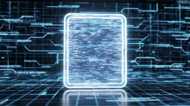 Glowing Data Portal - This video features a glowing, rectangular portal situated on a gridded surface with circuit-like patterns in the background.
