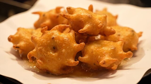 Crispy Golden Fried Indian Street Food Snacks Close Up