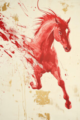 Close up of Red horse created with energetic Chinese ink brushstrokes. Lunar New Year concept.