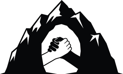 Silhouette of two hands holding together inside mountain cave negative space
