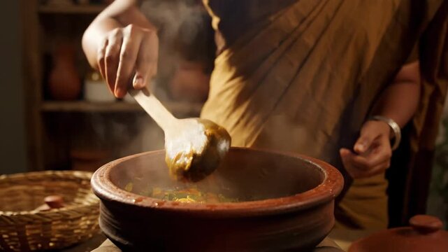 Traditional Indian Cooking Steaming Curry in Clay Pot Over Open Fire