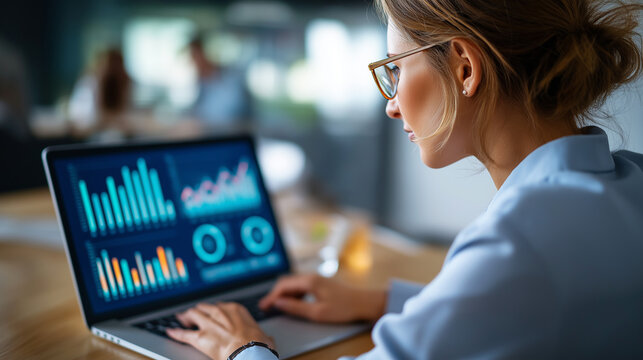 Faceless businesswoman accountant analyzing data charts, laptop screen graphs dashboard, statistical report preparation, financial data office discussion, professional analysis col - Powered by Adobe