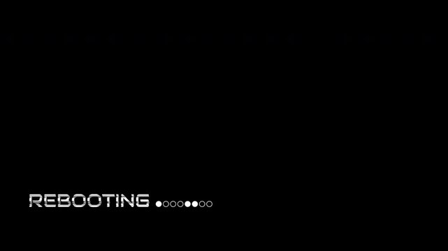 Abstract digital animation featuring glitch-style rebooting text with animated loading dots. This motion graphic represents system processing, reboot sequence, software initialization, or digital dela