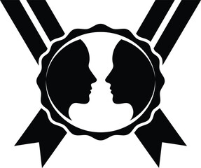 Silhouette of two faces inside rosette ribbon badge agreement concept