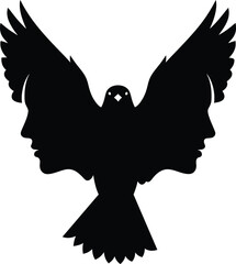 Silhouette of flying dove bird with two human faces in wings
