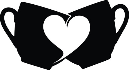 Silhouette of two coffee cups forming heart shape love concept