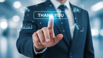 Businessman touching thank you digital interface with futuristic icons