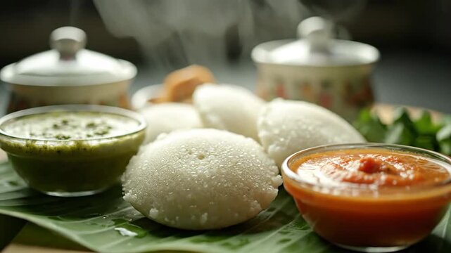Hot Idli with Chutneys South Indian Steamed Rice Cake Breakfast Meal