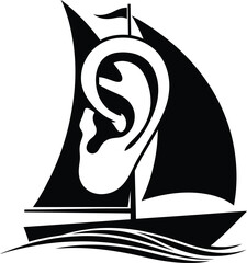 Silhouette of sailboat with human ear sail listening concept