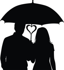 Silhouette of couple under umbrella with heart handle love concept