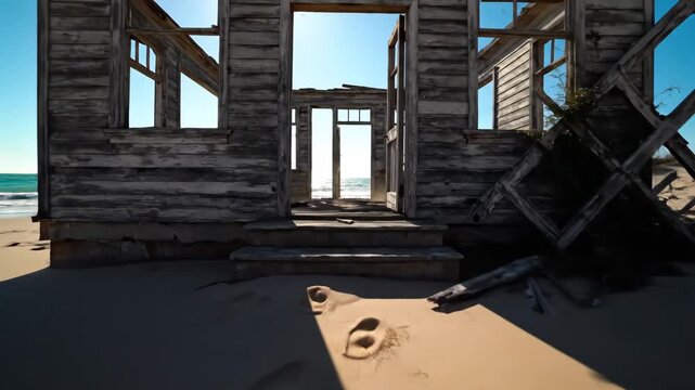 Abandoned Building on Sandy Beach - A weathered, dilapidated wooden structure stands precariously on a sandy beach, its windows and doors open to the clear blue sky and ocean.