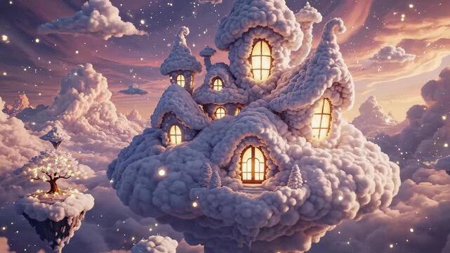 Cloud Castle Dreamscape - A whimsical cloud castle sits amidst a dreamy sky filled with fluffy clouds and a glowing moon, with a single tree perched on a floating island nearby.