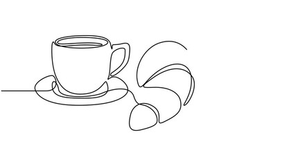 Coffee cup and croissant continuous line drawing animation, Animation of continuous one line drawing croissant with coffee cup. National Croissant Day. Single line self drawing animated. Full length.