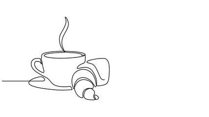 Coffee cup and croissant continuous line drawing animation, Animation of continuous one line drawing croissant with coffee cup. National Croissant Day. Single line self drawing animated. Full length.