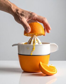 Close-up of a hand squeezing half an orange on a manual citrus juicer with a white reamer and orange base. The image conveys freshness, healthy living, and homemade juice preparation.
