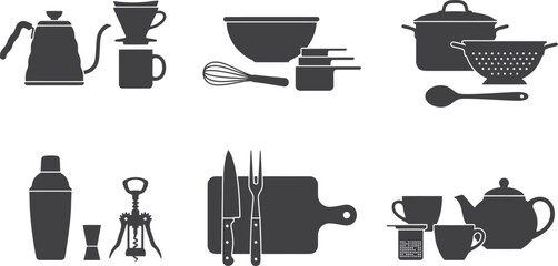 Classic Kitchen Equipment Silhouette Vector Icons Set for Cooking, Baking, Barware and Food Preparation Designs