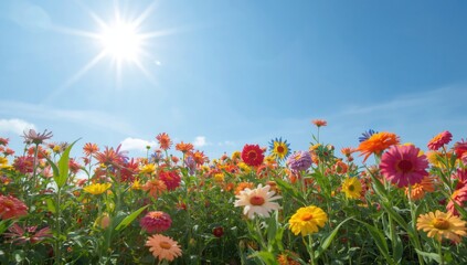 Obraz premium Vibrant Field of Colorful Wildflowers Blooming Under Bright Sunshine on a Clear Blue Sky Day